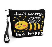 Bee Happy-1 Bee Happy Makeup Bag for Women, Small PU Vegan Leather Cosmetic Bag with Zipper & Wrist Strap, Water-Resistant Travel Toiletry Pouch, Cute Purse Organizer, Gift