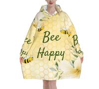 Bee Happy Bumble Bees Yellow Honeycomb Blanket Hoodies For Women And Men Adult Oversize Wearable Blanket Hoodies For Soft And Warm