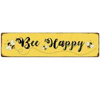Bee Happy Metal Tin Sign Positive Quote Wall Art Decoration Inspirational Bee Painting Home Farmhouse Kitchen Living Room Bedroom Bathroom Cafe Decor Encouragement Novelty Gift 16" x 4"
