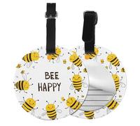 Bee Happy Round Luggage Tag 2PCS Cute Bee PU Leather Travel Bag Tag ID Labels Name Card Holder wtih Buckle for Luggage Suitcase Backpacks