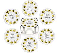 Bee Happy Set of 6 Absorbent Ceramic Coasters with Cork Base & Holder,10cm Round Drink Mats for Mugs, Wine Glasses - Spill Protection for Wood/Glass Tables
