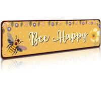 Bee Happy Sign, Bee Garden Decor Metal Tin Signs Bees Kitchen Wall Decor Outdoor Beehive Decoration Bee Hive Classroom Decor 4 x 16 Inch