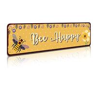 Bee Happy Sign - Metal Tin Signs,Kitchen & Outdoor Decor,Beehive & Classroom Decor - 4x16 Inch