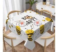 Bee Happy Square Tablecloth 145x145 cm Cute Bee Table Clothes Indoor Outdoor Washable Table Covers for Kitchen Wedding Restaurant Buffet Party Decor