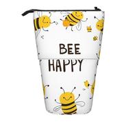 Bee Happy Standing Pencil Case Cute Bee Pen Pouch Holder Telescopic Pencil Bag Pop Up Cosmetics Bag Stationery Organizer for School Office Travel