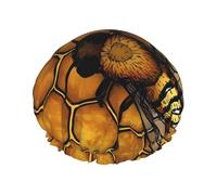 Bee Honeybee Print Shower Cap - Reusable, Double Layer, Hotel Travel Essentials, Salon Shower Hat Accessories One Size