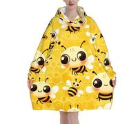 Bee-Honeycomb-Cute Wearable Oversized Flannel Blanket Hoodie For Adults, Long Sleeve Hooded Blanket Sweatshirt