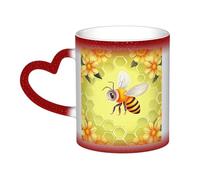 Bee in Flower Coffee Mug with Handle 11 Oz, Color Changing Cups In The Sky, Heat Sensitive Magic Funny Art Mug, Unique Coffee Tea Cup Porcelain Mugs Gift for Women Men Red