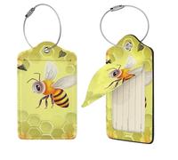 Bee in Flower Luggage Tags for Suitcases, 4 PCS PU Leather Suitcase Tags Identifiers with Stainless Steel Loop, Privacy Cover ID Label with Address Card, Travel Essentials Bag Tag
