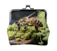 Bee in Flower Print Fashion Ms Leather Pouch Portable Wallet Kiss-Lock Money Bag Cute Clutch Fo Women