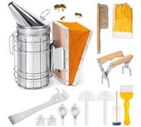 Bee Keeping Starter Kit 13pcs, Beekeeping Smoker, Bee Hive Scraper, Brush, Protective Gloves, Honey Uncapping Fork, Bee Hive Frame Gripper, Queen Catcher Clip, Bee Marker Bottle And Drinkers (A02)