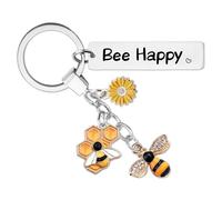 Bee Keyring Gifts for Women Girls - Inspirational Long Bee Happy Present for Teacher Friend Kids Silver, Cute Motivational Honeycomb Charms for Leaving Colleagues Men Graduation