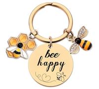 Bee Keyring Gifts for Women Girls - Inspirational Round Bee Happy Present for Teacher Friend Kids Gold, Cute Motivational Honeycomb Charms for Leaving Colleagues Men Graduation