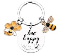 Bee Keyring Gifts for Women Girls - Inspirational Round Bee Happy Present for Teacher Friend Kids Silver, Cute Motivational Honeycomb Charms for Leaving Colleagues Men Graduation