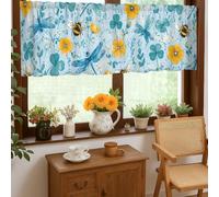 Bee Kitchen Curtains, Spring Botanical Flower Dragonfly Spring Yellow Short Valance Curtain Window Decoration for Dining Room Breakfast Nook Sink Area 18x52 Inch