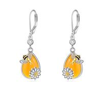Bee Leverback Earrings Amber Teardrop Sterling Silver Dangle Drop Earrings Bumble Bee Flower Jewelry Gifts for Women Girls