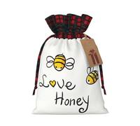 Bee Love Honey Christmas Drawstring Linen Gift Bag Paired With Scottish Plaid Fabric, With A Delicate And Simple Texture