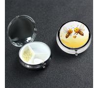 Bee Love Honey Pill Box 3 Compartment Pill Case for Purse or Pocket Small Medicine Organizer with Mirror Travel Pillbox Decorative Metal Vitamin Container Unique Gift