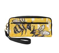 Bee Love Honey Printed Leather Makeup Bags with Wrist Strap Portable Travel Toiletry Bag Cosmetic Organizer Bag for Women
