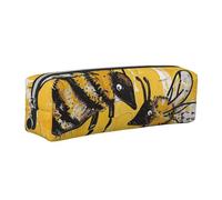 Bee Love Honey Printed Leather Pencil Case Cute Stationery Organizer Simple Makeup Bag Pen Pouch, Silver Zipper