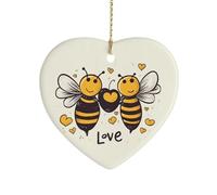 Bee Love Honeys Ceramic Christmas Ornaments Double Sided Porcelain Hanging Heart Pendant for Xmas Tree, Holiday Home Decor and Gift Party Decorations