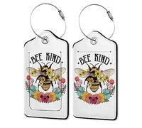 Bee Luggage Tags Set of 2 Leather Bee Kind Wild Flower Luggage Tags Privacy Cover Suitcase Label with Stainless Steel Loop for Women/Men Travel