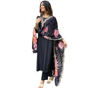 Bee M Pee Designer Ladies Plain Rayon V Neck Straight Embroidered Kurta Pant Set with Dupatta for Women, Black, M