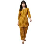 Bee M Pee Designer Trendy Floral Printed Cotton Latest Kurta Coord Sets for Women | Stylish Casual Tunic Kurti Set with Pant for Woman for Office, Mustard, XL