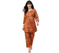 Bee M Pee Designer Trendy Floral Printed Cotton Latest Kurta Coord Sets for Women | Stylish Casual Tunic Kurti Set with Pant for Woman for Office, Red, M