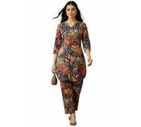 Bee M Pee Designer Trendy Floral Printed Poly Rayon Cotton Latest Kurta Coord Sets for Women | Stylish Casual Kurti Tunic Cord Set with Pant for Woman for Office, Navy, L