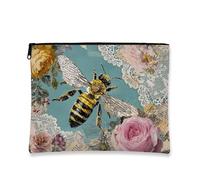 Bee Makeup Pouch, Vintage Floral Cosmetic Bag for Women, Stylish Canvas Zipper Organizer, Travel Toiletry Case for Spring and Summer Festivals, Peach, 7x9 Inch, Bee