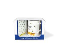 Bee Mug & Coaster Gift Set - Bee Happy Bumblebees & Flowers Bone China Mug and Glass Coaster Set - Tea/Coffee Present