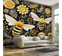 Bee Mural Wallpaper, Bumblebee Yellow Floral Wallpaper for Bedroom, Living Room, TV Backdrop, Office, Hotel Wall Background Decoration Non-Woven Wall Paper 100 X 70 cm (WxH) oT10