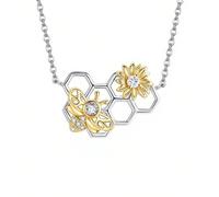 Bee Necklace Sterling Silver Honeycomb Cute Flower Pendant Necklaces Jewelry Gift for Women