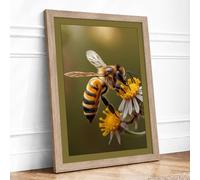 Bee on Bloom Botanical Framed Wall Art Print A3 (42×29.7cm) Oak, Wall Decor for Living Room, Bedroom, Office & Home, Ready to Hang, Art Gift