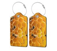 Bee On Comb 2 Pack PU Leather Luggage Tags Suitcase Tags with Privacy Cover and Stainless Steel Loop