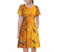 Bee On Comb Print Women's Short Sleeve Pleated Loose Swing Casual Dress with Pockets Knee Length Black