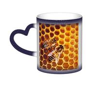 Bee On Honeycomb Coffee Mug with Handle 11 Oz, Color Changing Cups In The Sky, Heat Sensitive Magic Funny Art Mug, Unique Coffee Tea Cup Porcelain Mugs Gift for Women Men Blue