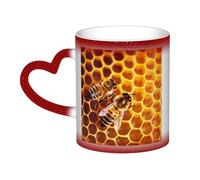 Bee On Honeycomb Coffee Mug with Handle 11 Oz, Color Changing Cups In The Sky, Heat Sensitive Magic Funny Art Mug, Unique Coffee Tea Cup Porcelain Mugs Gift for Women Men Red