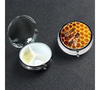 Bee On Honeycomb Pill Box 3 Compartment Round Portable Pill Case for Pocket or Purse Pill Holder Weekly Pill Organizer Decorative Metal Medicine Vitamin Organizer Travel Gift