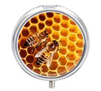Bee On Honeycomb Pill Box 3 Compartment Travel Pill Organizer 3 Times A Day Cute Mini Pill Case for Purse & Pocket Portable Metal Medicine Box with Mirror Round Daily Medicine Vitamin Container