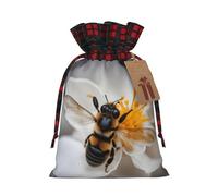 Bee On Honeycomb Print Christmas Burlap Gift Bags With Drawstrings Goodie Bags Storage Party Supplies