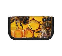 Bee On Honeycomb Printed Canvas Pencil Case, Spacious Pen Pouch for School, Office and Travel
