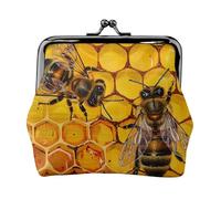 Bee On Honeycomb Printed Coin Purse for Women Cute PU Leather Coin Wallet Mini Coin Purse Pouch with Kiss-Lock