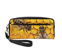 Bee On Honeycomb Printed Leather Makeup Bags with Wrist Strap Portable Travel Toiletry Bag Cosmetic Organizer Bag for Women