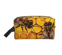 Bee On Honeycomb Printed Makeup Bag Large Travel Cosmetic Bags Waterproof Cosmetic Case Toiletry Bag Organizer for Women Mom Girls