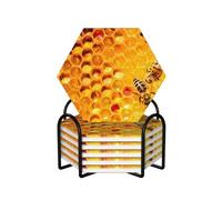 Bee On Honeycomb printed Round Ceramic Coaster Set of 6, Table Coaster Drink Coffee Coasters - Hexagon 6 Pieces