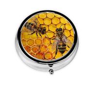 Bee On Honeycomb Printed Round Pill Organizer with 3 Compartments, Portable Mini Pill Box Pill Case for Medicine, Vitamin, Fish Oil, Supplements