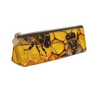 Bee On Honeycomb Printed Zipper Pencil Case Cute Stationery Organizer PVC Leather Triangle Makeup Bag Pen Pouch