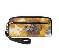 Bee on Sunflower Printed Leather Makeup Bags with Wrist Strap Portable Travel Toiletry Bag Cosmetic Organizer Bag for Women